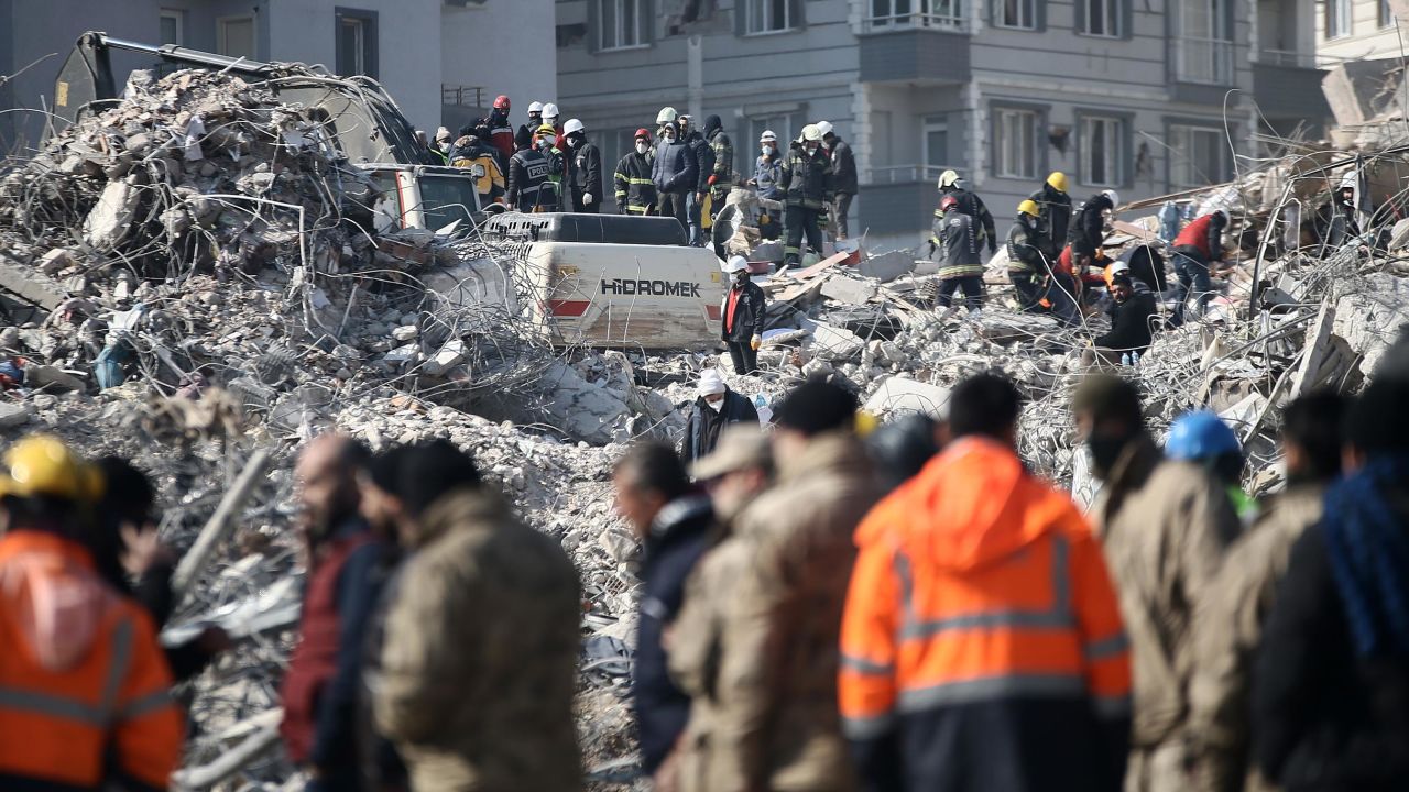 Personnel conduct search and rescue operations in the debris of the building where Atsu lives in Hatay, Turkey, on February 12.