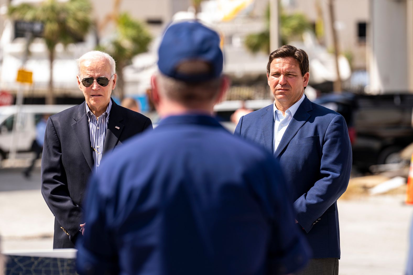 DeSantis and President Joe Biden survey areas hit by <a href="index.php?page=&url=https%3A%2F%2Fwww.cnn.com%2F2022%2F09%2F26%2Fweather%2Fgallery%2Fhurricane-ian%2Findex.html" target="_blank">Hurricane Ian</a> in October 2022. 