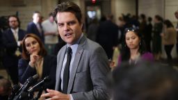 Rep. Matt Gaetz speaks to members of the press following the House Republican Conference leadership elections in the U.S. Capitol Visitors Center on November 15, 2022 in Washington, DC.