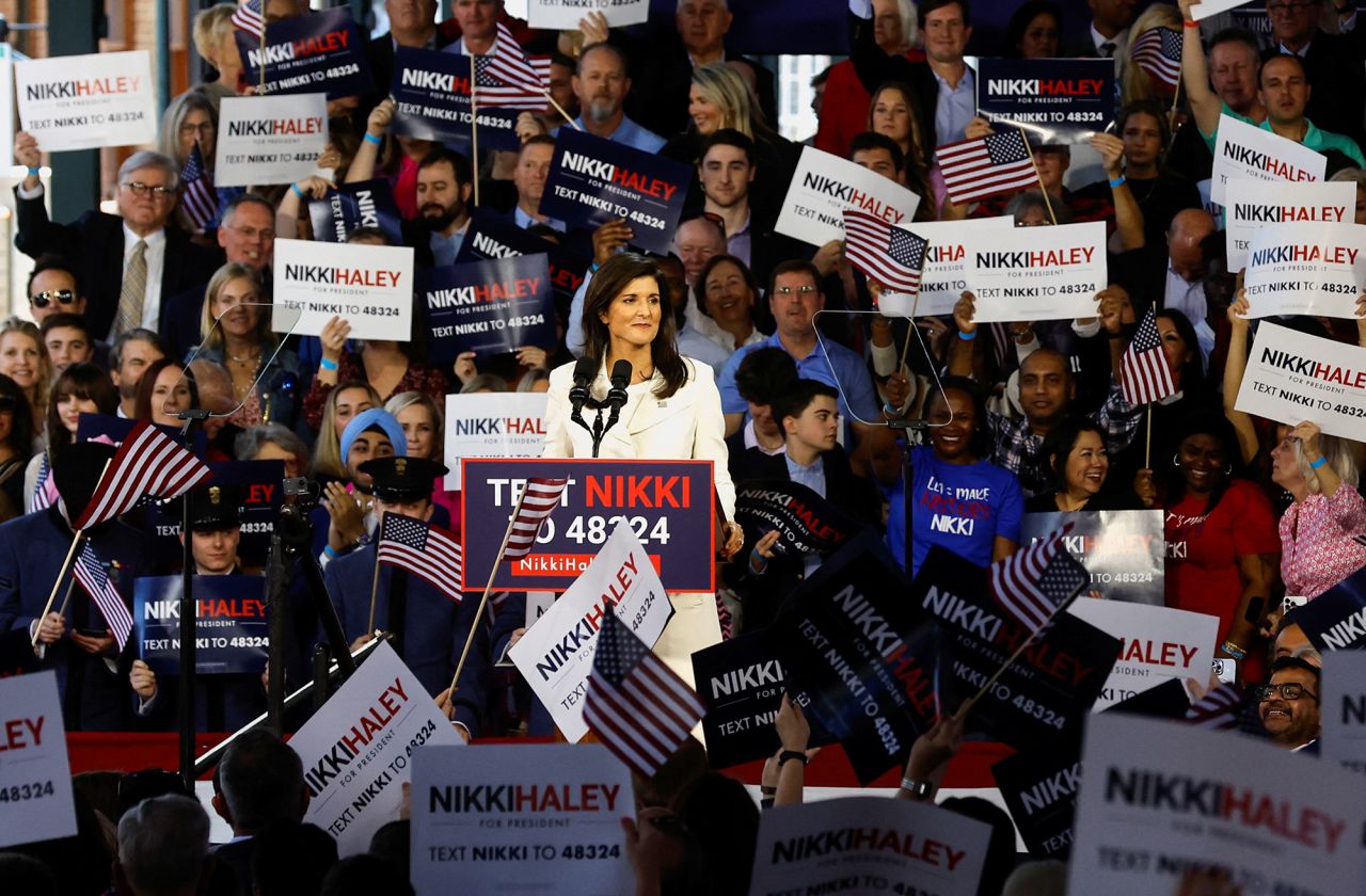 Haley speaks in Charleston, South Carolina, in February 2023, a day after announcing her presidential run. She touted her record in government and <a href="https://www.cnn.com/2023/02/15/politics/nikki-haley-2024-charleston/index.html" target="_blank">laid out her vision</a> for what she described as a "strong America, full of opportunity that lifts up everyone, not just a select few."