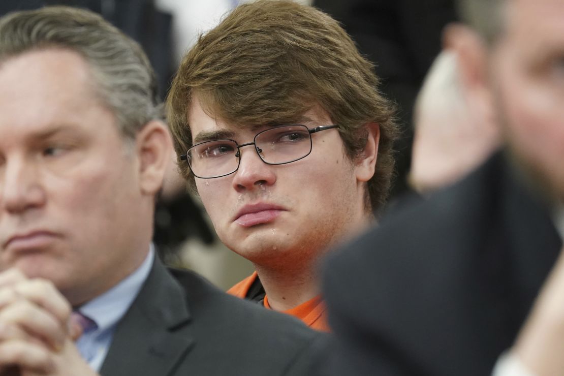 Payton Gendron sheds tears as he listens to people's testimony during his sentencing hearing on Wednesday.