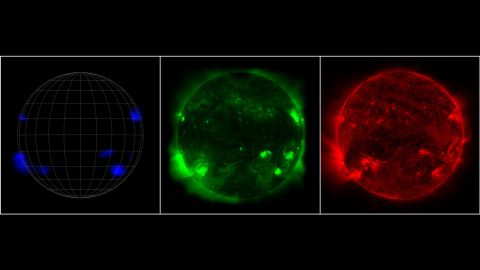 While NuSTAR sees high-energy X-rays from the sun in blue (left), the Hinode mission captured low-energy X-rays in green, and the Solar Dynamics Observatory spotted ultraviolet light, shown in red. 