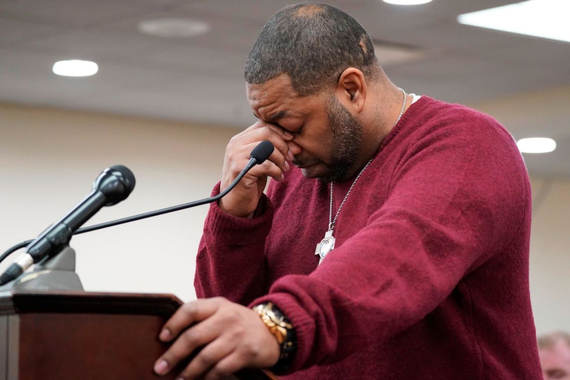 Wayne Jones, the son of shooting victim Celestine Chaney, paused to collect himself as he made a statement to the court during the sentencing of Payton Gendron on Wednesday, February 15.