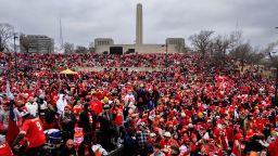 Fans gather for the Kansas City Chiefs' victory celebration and parade in Kansas City, Mo., Wednesday, Feb. 15, 2023, following the Chiefs' win over the Philadelphia Eagles Sunday in the NFL Super Bowl 57 football game. (AP Photo/Reed Hoffman)