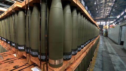 Racks of painted 155mm artillery shells inside the Scranton Army Ammunition Plant.