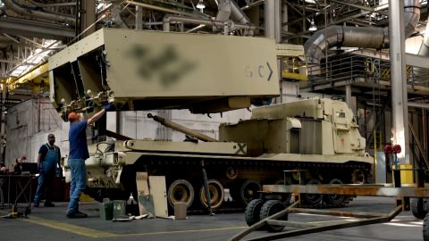 A HIMARS vehicle being assembled in a Lockheed Martin plant in Camden, Arkanas.