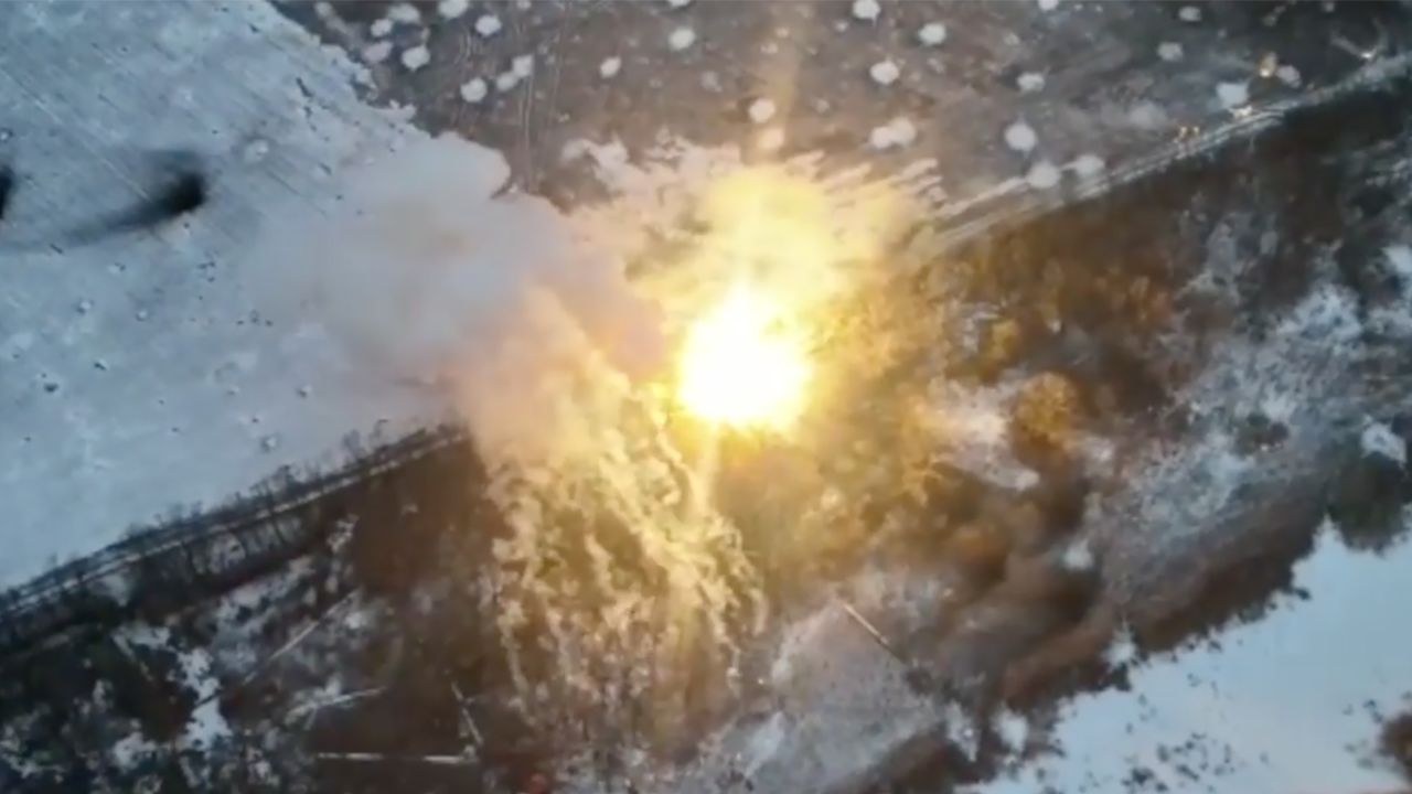 The Ukrainian forces released a video of a powerful explosion they said resulted from an attack that destroyed a Russian multiple rocket launcher that fired thermobaric weapons near the town of Vuhledar in the Donetsk region of eastern Ukraine. 