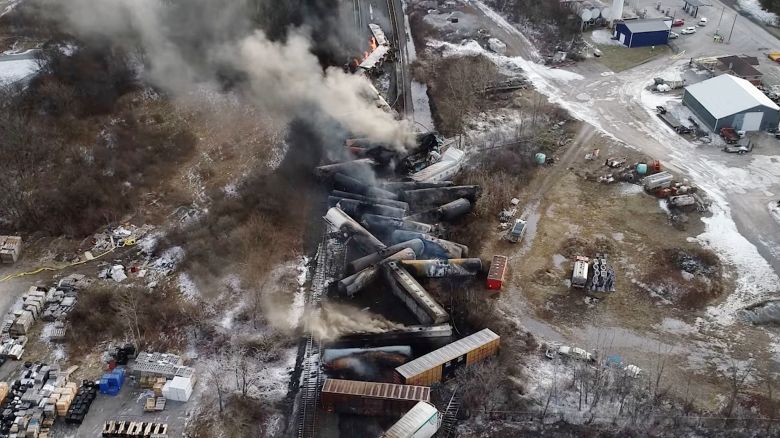 Drone footage shows the freight train derailment in East Palestine, Ohio, U.S., February 6, 2023 in this screengrab obtained from a handout video released by the NTSB. NTSBGov/Handout via REUTERS
THIS IMAGE HAS BEEN SUPPLIED BY A THIRD PARTY.