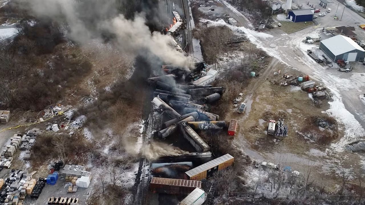 Drone footage shows wreckage from the derailment on February 6. 