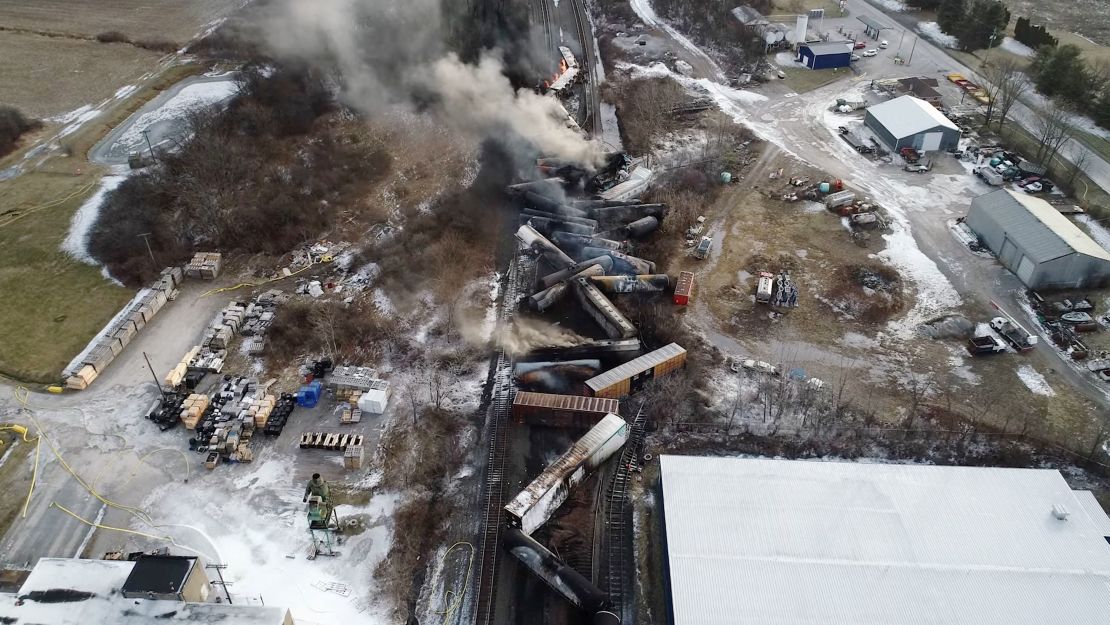 Drone footage shows wreckage from the derailment on February 6. 