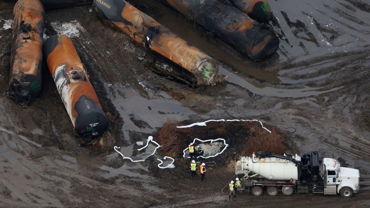 EAST PALESTINE, OH - FEBRUARY 8: Aerial view of a train derailment containing the toxic chemical, vinyl chloride derailed five days ago in the village of 5,000 people near the Pennsylvania border. Residents were allowed to return home after tests deemed it to be safe in the area on February 8, 2023 in East Palestine, Ohio. Credit: mpi34/MediaPunch /IPX