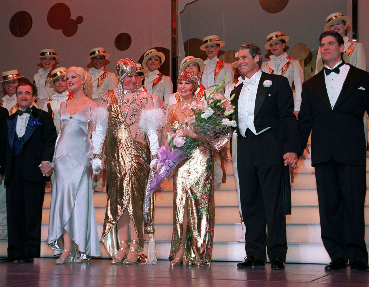 Welch holds a bouquet on the opening night of the Broadway musical "Victor/Victoria" in 1997.