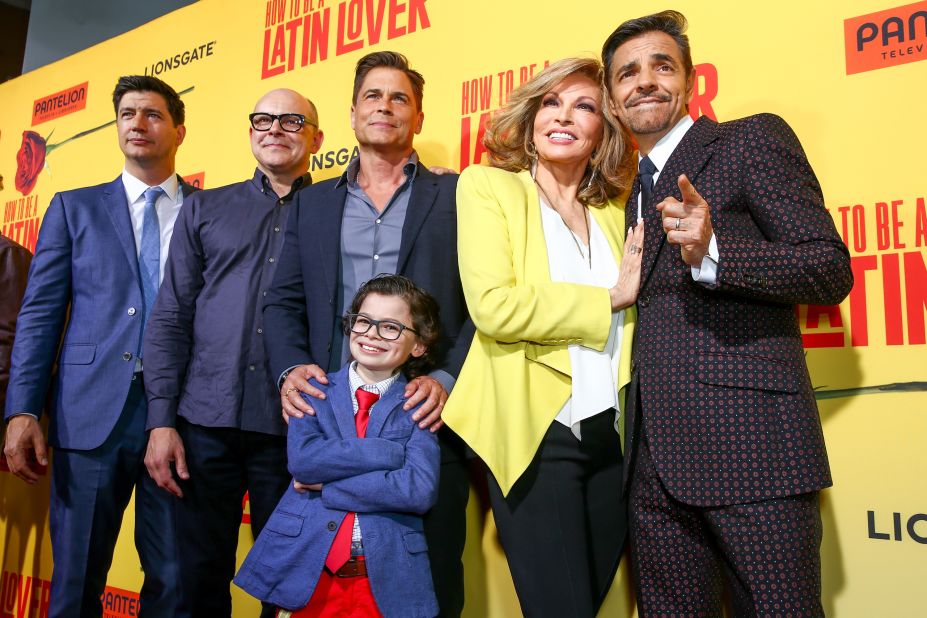 Welch attends the premiere of the 2017 film "How to Be a Latin Lover" with director Ken Marino, left, and co-stars Rob Corddry, Rob Lowe, Raphael Alejandro and Eugenio Derbez. It was Welch's last film credit.