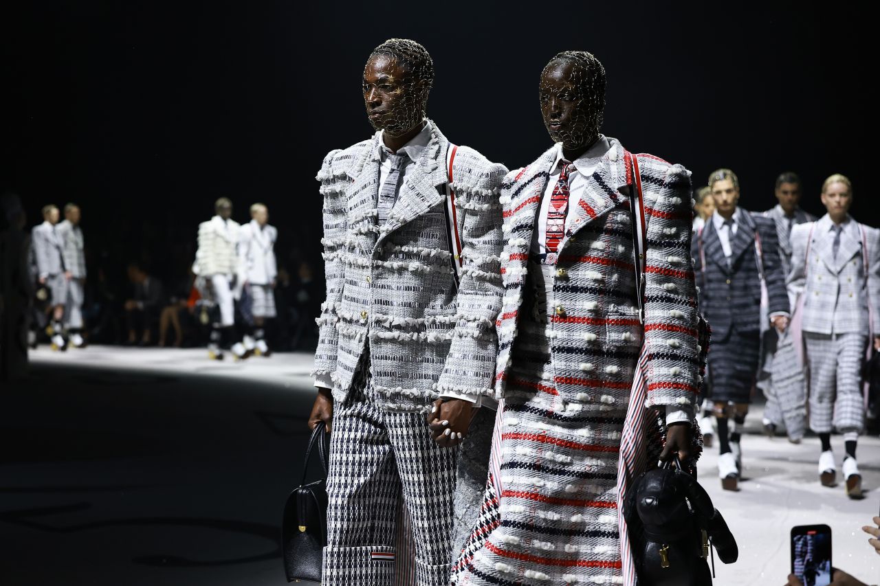 All designs were conceptualized as genderless in Thom Browne's show. "The dresses were the same for the men and the women — my eye is not seeing men and women anymore, just one beautiful world of beautiful clothes," he said after the presentation.