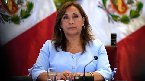 Peruvian President Dina Boluarte gives a press conference at the government palace in Lima, Peru, on February 10, 2023.