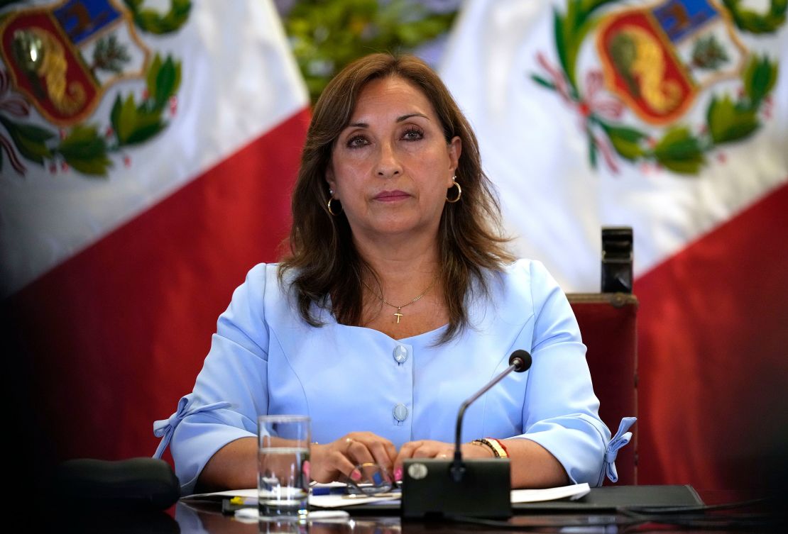 Peruvian President Dina Boluarte gives a press conference at the government palace in Lima, Peru, on February 10, 2023. 