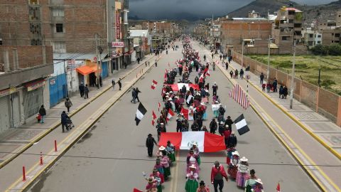 Protesters hold a rally against President Dina Boluarte's government and demand her resignation, in Puno, Peru, on January 19, 2023. 