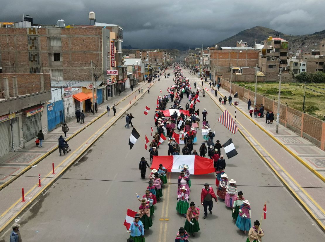 Demonstrators hold a protest against the government of President Dina Boluarte and to demand her resignation, in Puno, Peru, on January 19, 2023. 