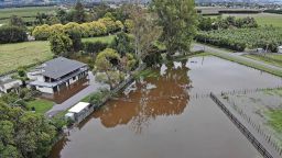 NAPIER, NEW ZEALAND - FEBRUARY 16: Aerial view of flooding in Meeanee following Cyclone Gabrielle on February 16, 2023 in Napier, New Zealand. Cyclone Gabrielle has caused widespread destruction across New Zealand's North Island with towns cut off and thousands without power. (Photo by Kerry Marshall/Getty Images)