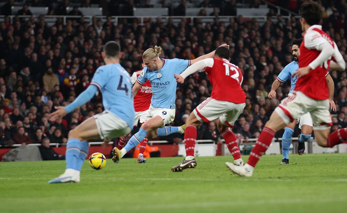 Erling Haaland gives Manchester City a two-goal lead against Arsenal. 