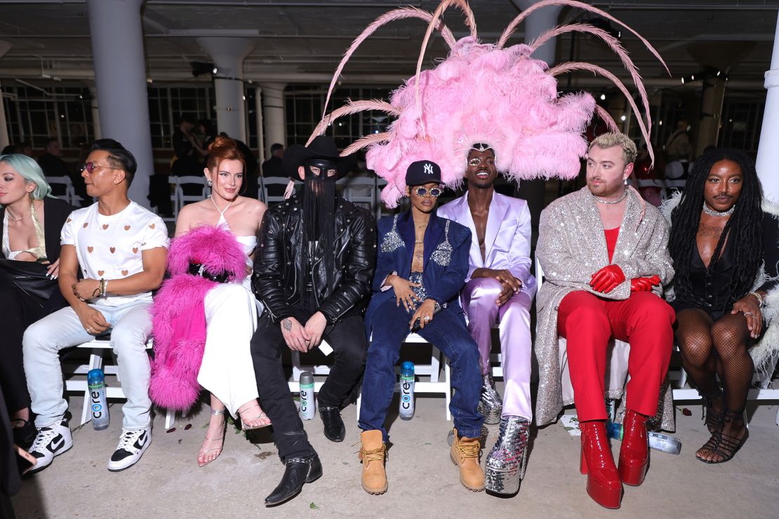 From left to right: Prabal Gurung, Bella Thorne, Orville Peck,Teyana Taylor, Lil Nas X, and Sam Smith attend the Christian Cowan show.