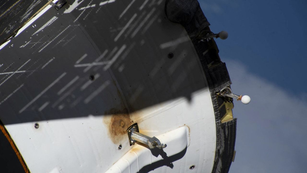 An image published February 13, 2023, shows the external damage believed to have caused a coolant leak in the Soyuz MS-22 spacecraft, which is now "under review" by NASA.