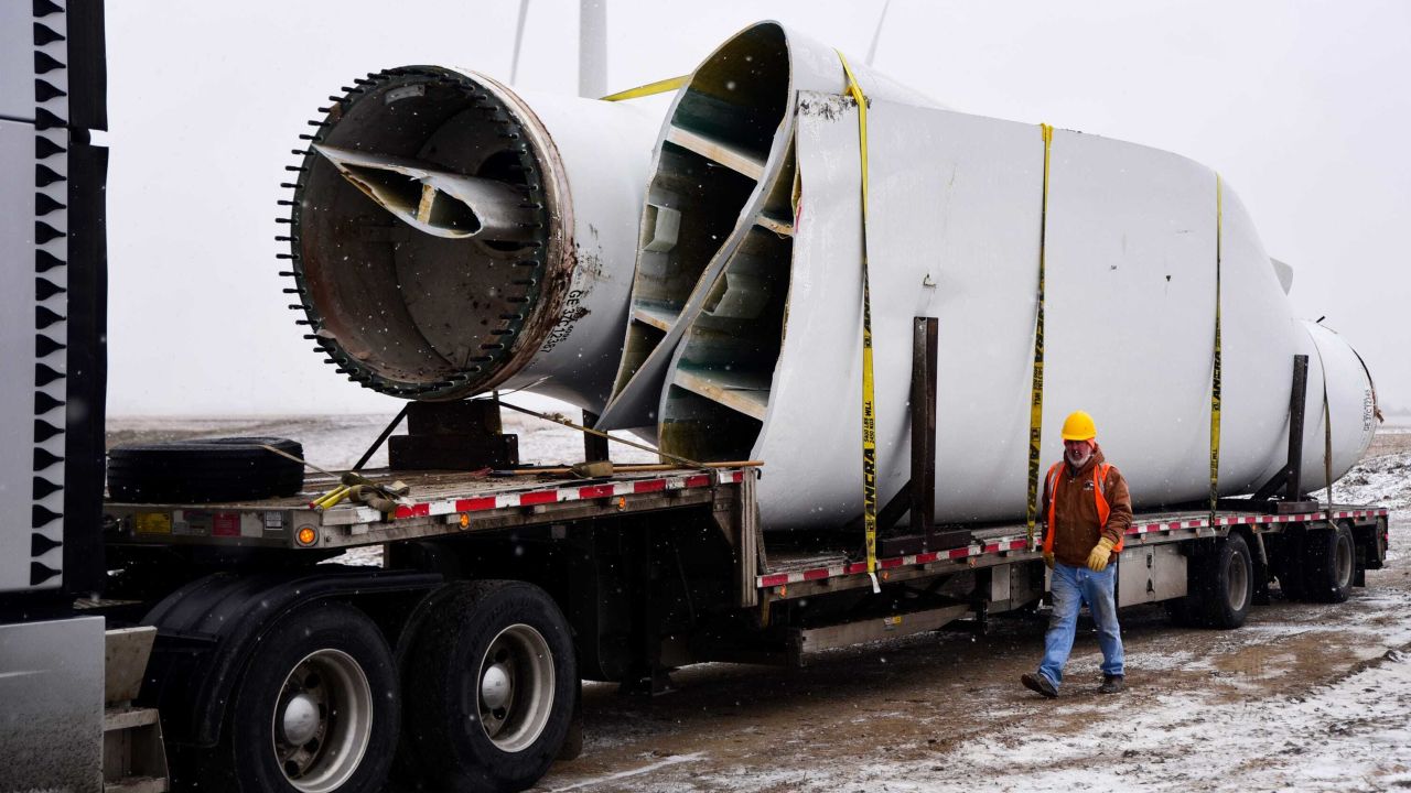 An old blade is prepared for transport to a landfill in Nebraska. 