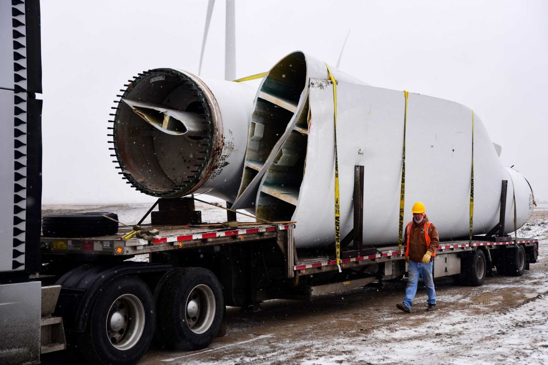 An old blade is prepared for transport to a landfill in Nebraska. 