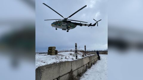 A Ukrainian army helicopter returns from a combat mission near Bakhmut, described by President Zelensky as currently 