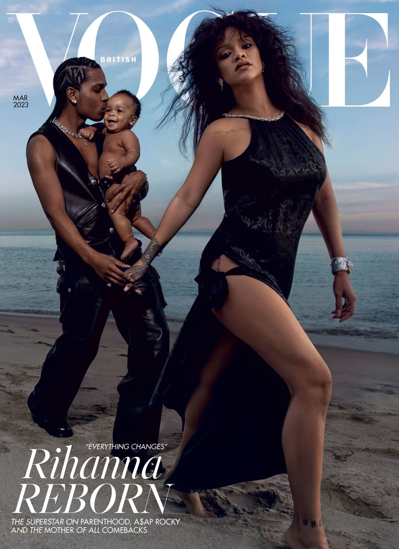 Recently, Rihanna made her latest British Vogue cover a family affair. On the cover of the March 2023 issue, the new mother strides powerfully across the beach with her partner A$AP Rocky and baby in tow, pregnant without knowing it. "How crazy both of my babies were in these photos and mommy had no clue," she wrote on Instagram. (The full feature is in the March issue of British Vogue available via digital download and on newsstands from February 21.)