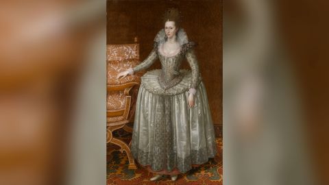 "Anne of Denmark," a painting by John de Critz the Elder, shows the style of 17th century gowns.
