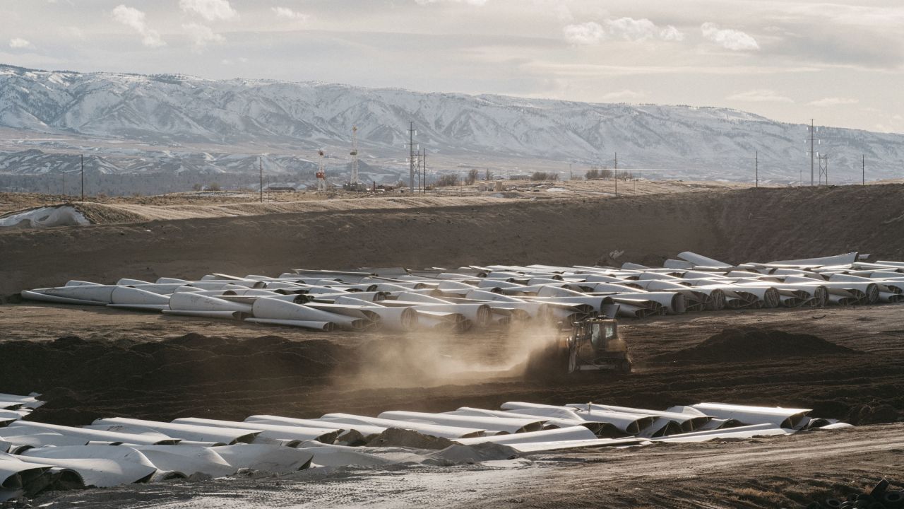 Wind turbine blades waiting to be  buried in the Casper Regional Landfill in Casper, Wyoming. 