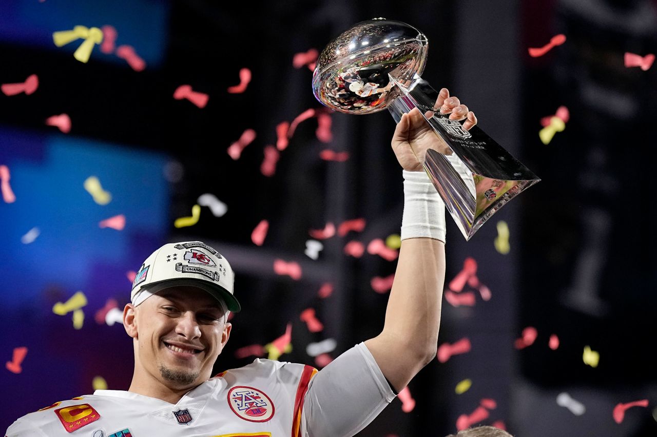 Kansas City Chiefs quarterback Patrick Mahomes holds the Vince Lombardi Trophy after the Chiefs won <a href="http://www.cnn.com/2023/02/12/sport/gallery/best-photos-super-bowl-lvii/index.html" target="_blank">Super Bowl LVII</a> on Sunday, February 12. Mahomes was named <a href="http://www.cnn.com/2015/01/25/us/gallery/super-bowl-mvps/index.html" target="_blank">Super Bowl MVP</a> as the Chiefs defeated the Philadelphia Eagles 38-35.