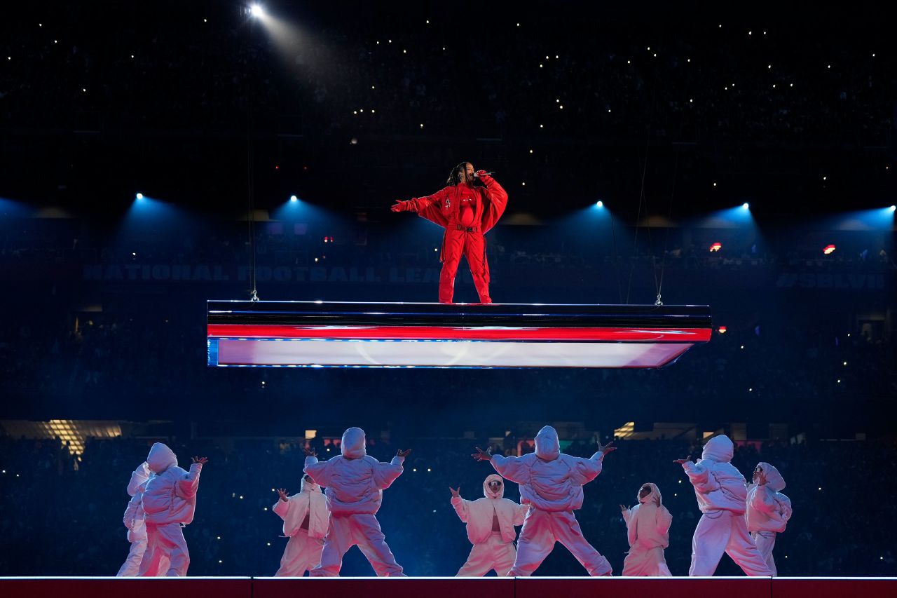 Rihanna performs during the <a href="https://www.cnn.com/2023/02/12/entertainment/gallery/halftime-show-super-bowl-lvii-rihanna/index.html" target="_blank">Super Bowl halftime show</a> on Sunday, February 12. She opened the show by hanging high above the field on a platform.