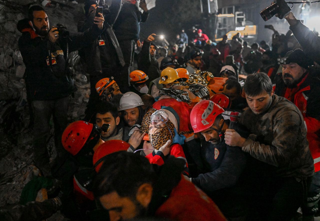 Seher, 15, is carried to an ambulance on Tuesday, February 14, after spending more than eight days under earthquake rubble in Hatay, Turkey. While the death toll has climbed over the past week, <a href="https://www.cnn.com/2023/02/14/europe/turkey-earthquake-voices-heard-under-rubble-intl-hnk/index.html" target="_blank">there have been many rescues made</a> from fallen buildings. Teams have been working around the clock to save as many people as they can.