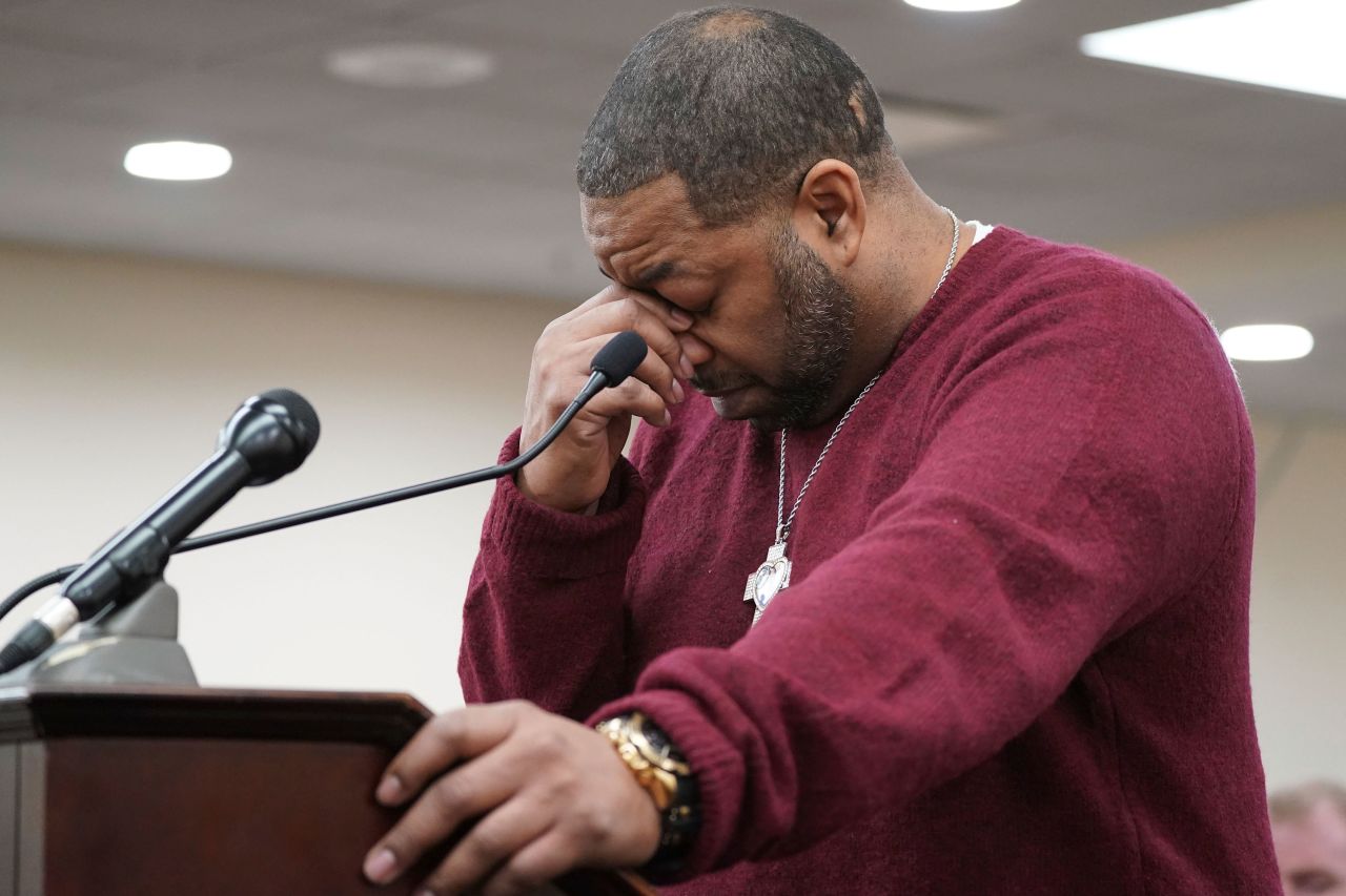 Wayne Jones, the son of mass shooting victim Celestine Chaney, pauses to collect himself Wednesday, February 15, as he makes a statement to the court during the sentencing hearing of Payton Gendron in Buffalo, New York. <a href="https://www.cnn.com/2023/02/15/us/buffalo-tops-grocery-shooting-payton-gendron-state-sentencing/index.html" target="_blank">Gendron was sentenced to life in prison</a> for killing Chaney and nine other people last year at a grocery store in Buffalo.