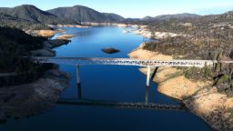 In an aerial view, the Enterprise Bridge traverses Lake Oroville on February 14, 2023 in Oroville, California.