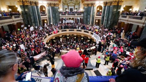 Abortion rights supporters are seen in the Wisconsin Capitol Rotunda in Madison on January 22, 2023. 