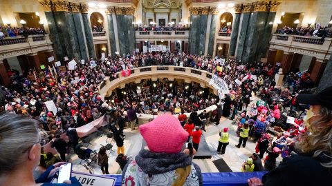 Abortion rights supporters are seen in the Wisconsin Capitol Rotunda in Madison on January 22, 2023.