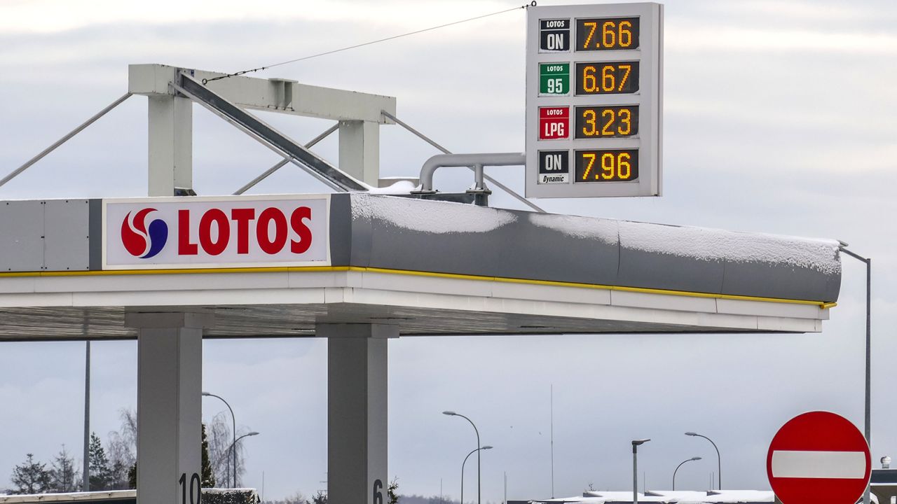 A gas station in Gdansk, Poland on February 5, 2023. European countries reliant on oil and natural gas imports from Russia are facing unprecedented fuel supply shortages and rising prices.