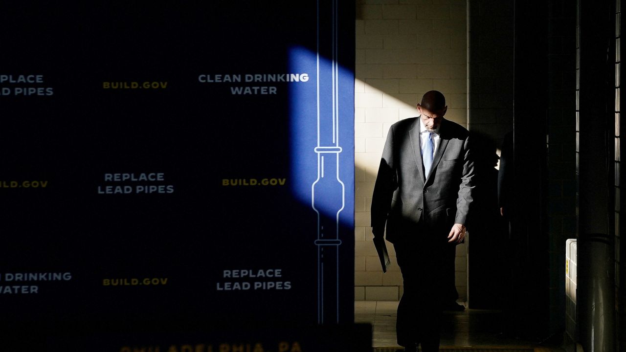 Sen. John Fetterman arrives at the Belmont Water Treatment Center during a visit to Philadelphia, Pennsylvania on February 3. 