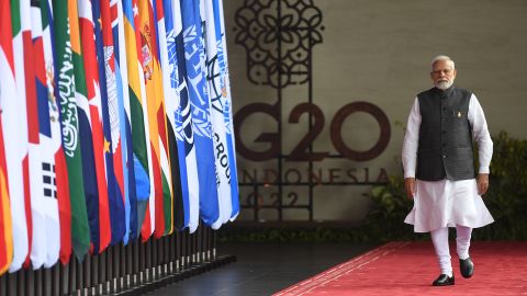 Indian prime minister Narendra Modi arrives for the G20 summit in Nusa Dua, on the Indonesian resort island of Bali on November 15, 2022. 