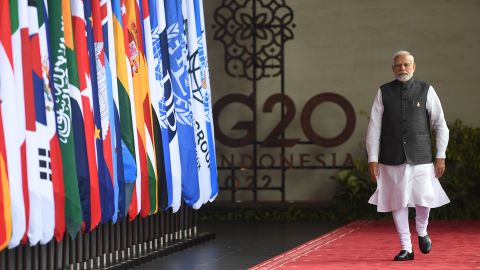 Indian prime minister Narendra Modi arrives for the G20 summit in Nusa Dua, on the Indonesian resort island of Bali on November 15, 2022.