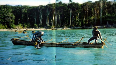 In this undated photo released by the Anthropological Survey of India, Sentinelese tribe men row their canoe in India's Andaman and Nicobar archipelago. 