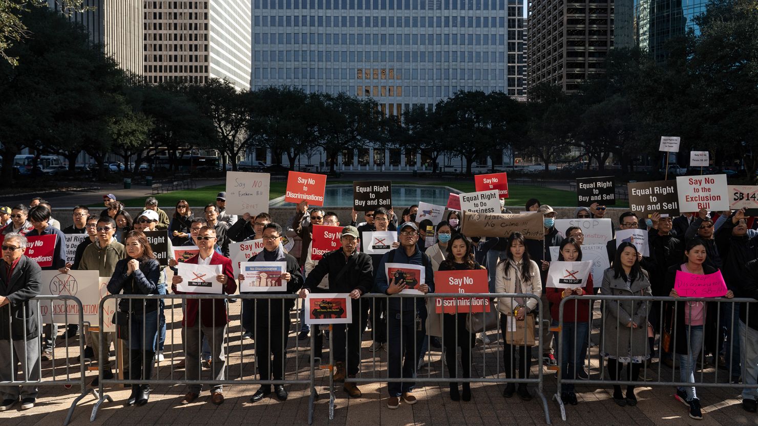 A rally against state Senate Bill 147,which would ban Chinese citizens from buying real estate in Texas, outside City Hall in Houston on January 23.