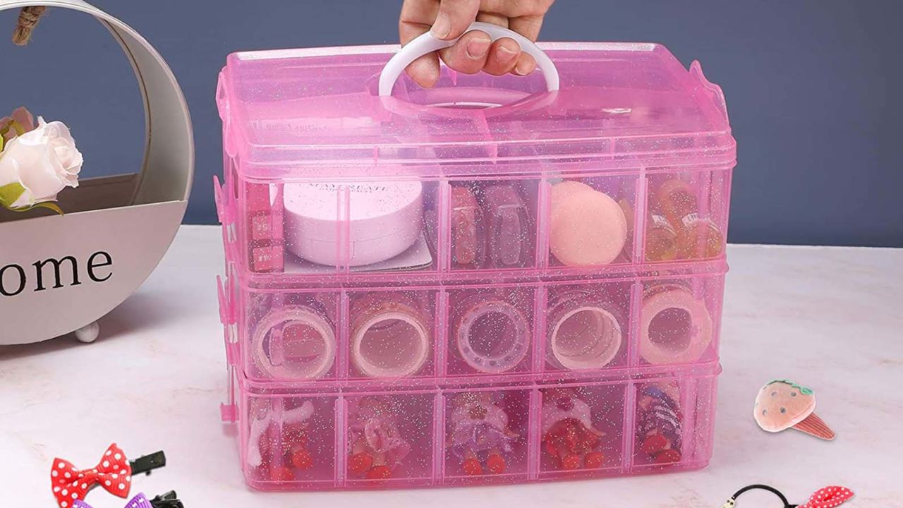 Amazon Sghuo 3-Tier Pink Stackable Organizer Box with Dividers