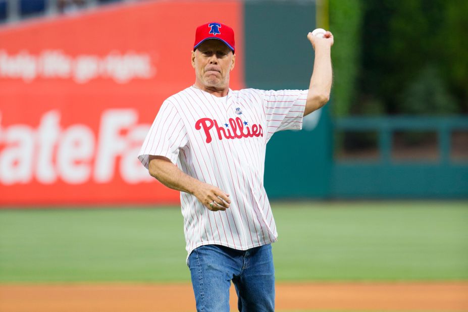 Willis throws out the first pitch before a Philadelphia Phillies baseball game in 2019.