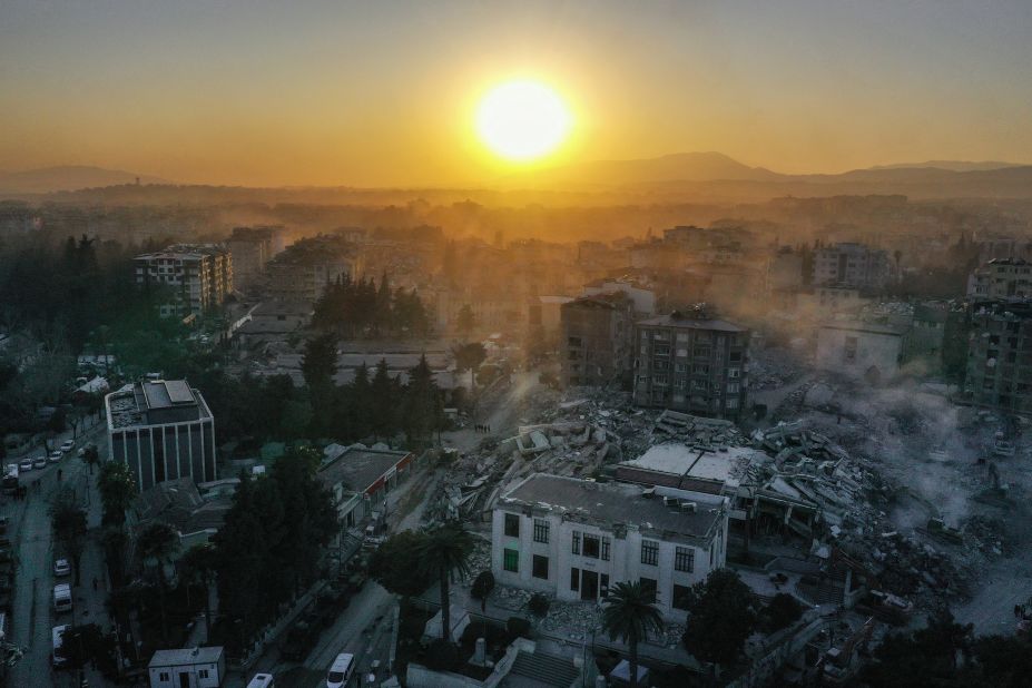 An aerial view of collapsed buildings in Hatay, Turkey, on February 18, 2023.