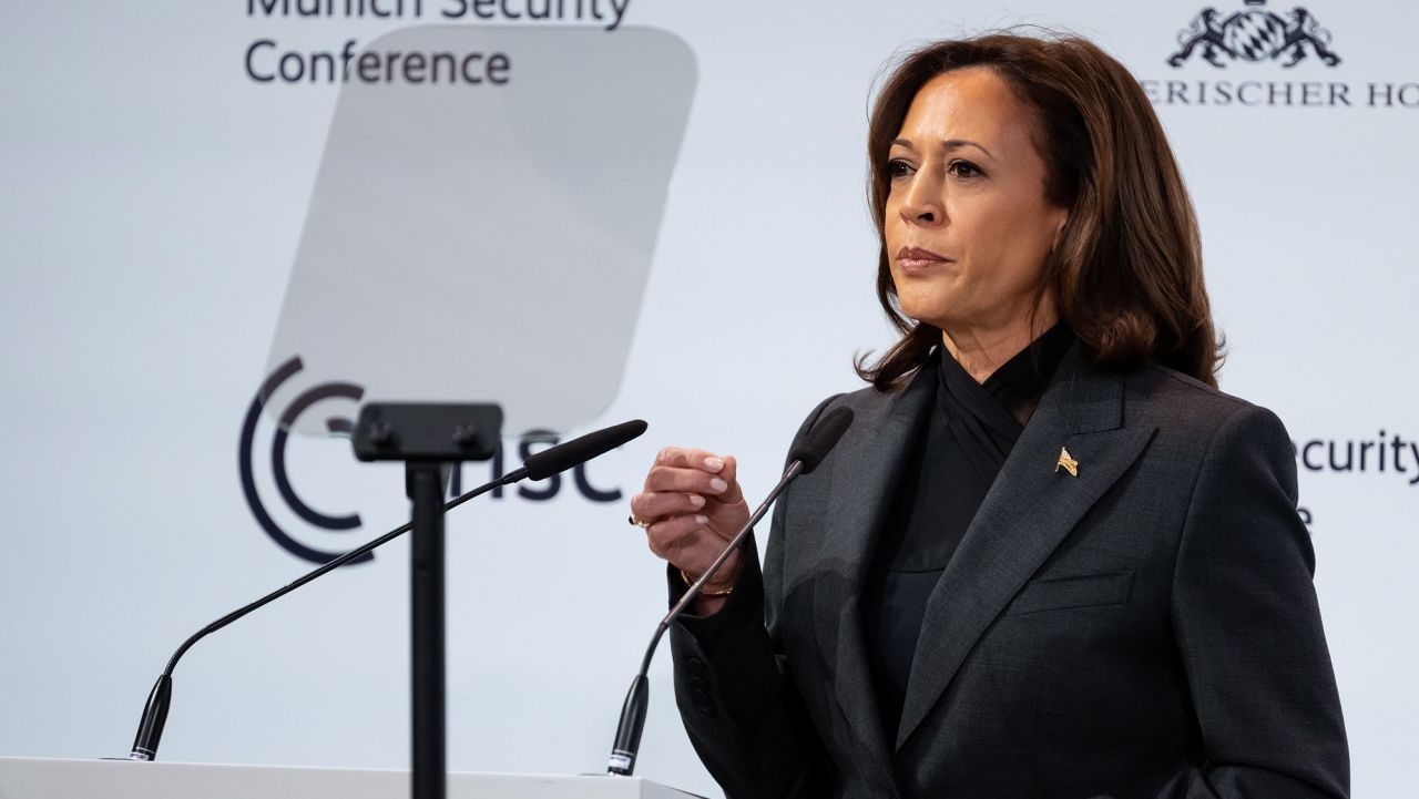 18 February 2023, Bavaria, Munich: Kamala Harris, Vice President of the United States, attends the Security Conference. The 59th Munich Security Conference (MSC) will take place from February 17 to 19, 2023, at the Bayerischer Hof Hotel in Munich. 