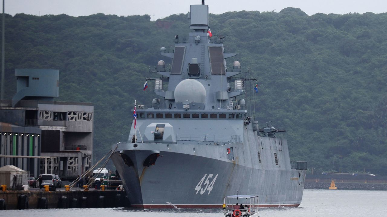 Russian frigate Admiral Gorshkov docks in Durban, South Africa, en route to scheduled naval exercises with the South African and Chinese navies.